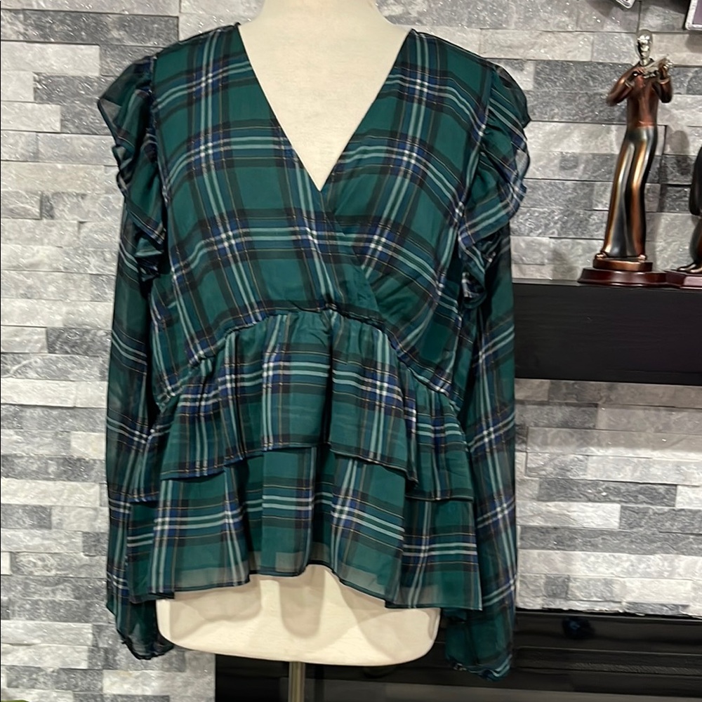 Torrid Chiffon Ruffled Surplice V-Neck Faux Wrap Peplum Crop Blouse Green 2